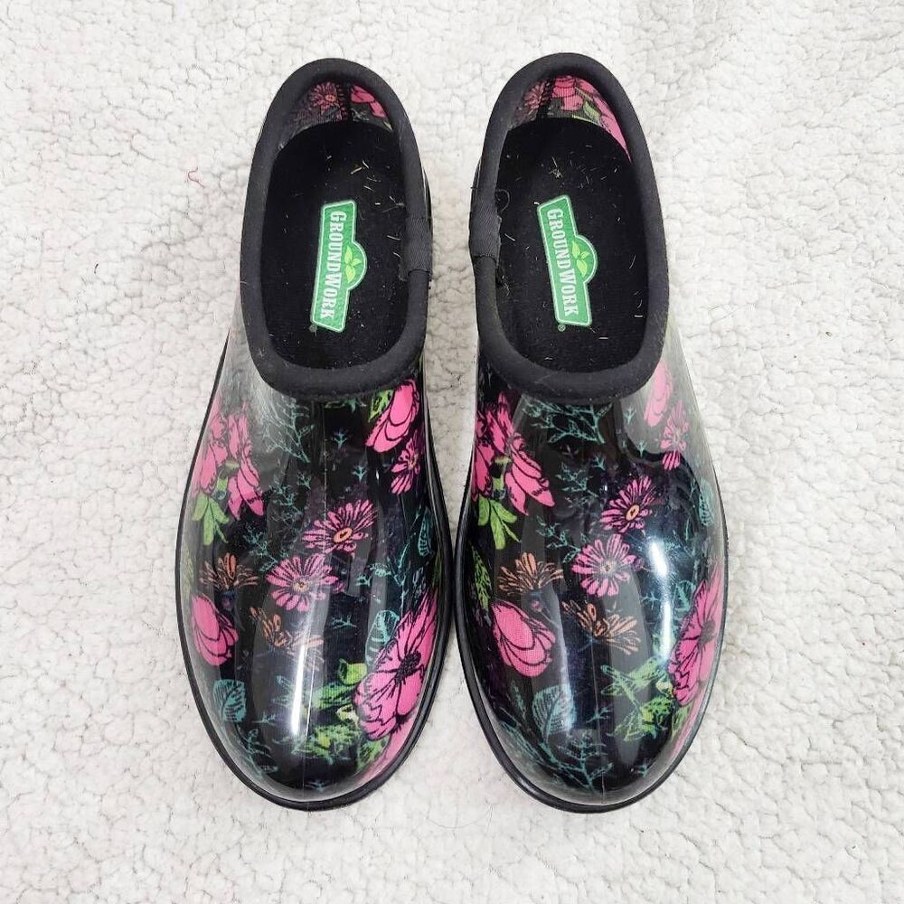 Ground Work Garden Clog, Outdoor or Rain Womens Sz 9 Garden Shoe Blk/Pink/Floral
